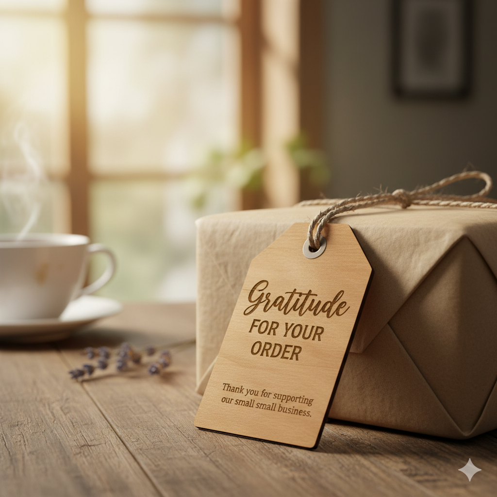 A gift package wrapped in brown paper lies on a wooden table. Attached to the package by a string is a wooden tag with the text in English: 'Gratitude FOR YOUR ORDER. Thank you for supporting our small business'. In the blurred background, a white cup with steam can be seen, and a window illuminated by sunlight.